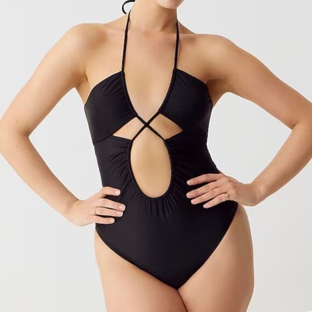 J.CREW NWT Swimsuit sz18 Black One Piece Cut Out Halter Tie Neck Sexy Boho